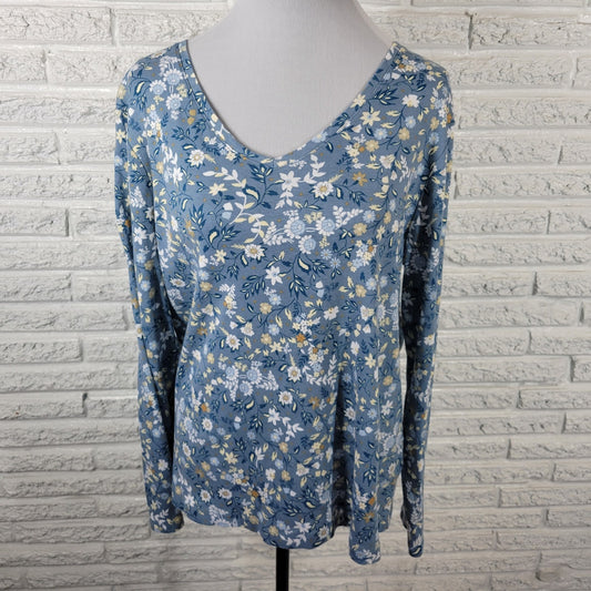 Croft Barrow Womens Top XL Tee Classic Long Sleeve Blue Floral Cotton Comfy