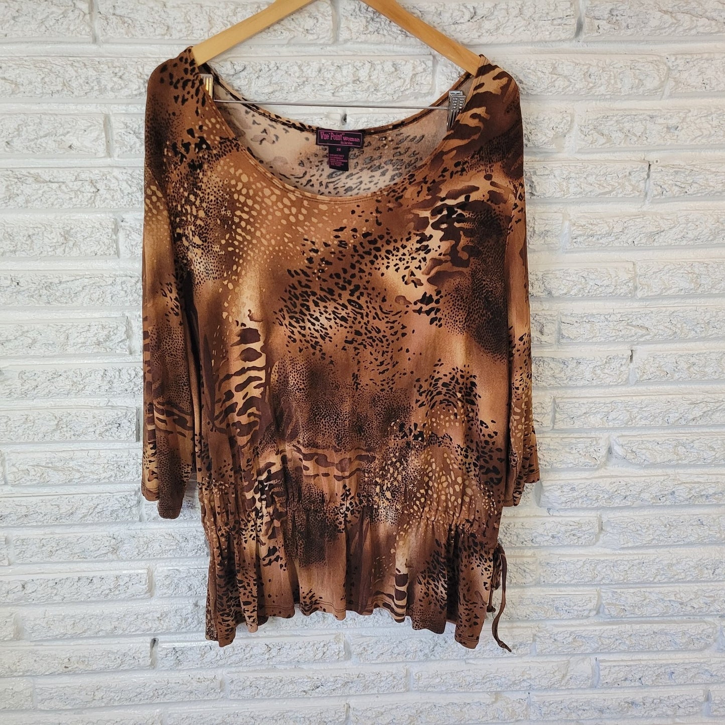 Vue Point Womens Top 2X Plus 3/4 Sleeve Brown Animal Print Travel Knit Office