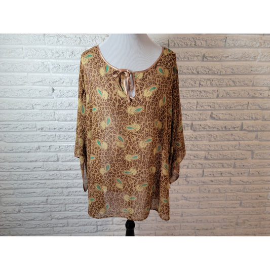 Cabernet Women Pajama Top 2X Plus Slit 3/4 Sleeve Tan Animal Print Sheer Sexy