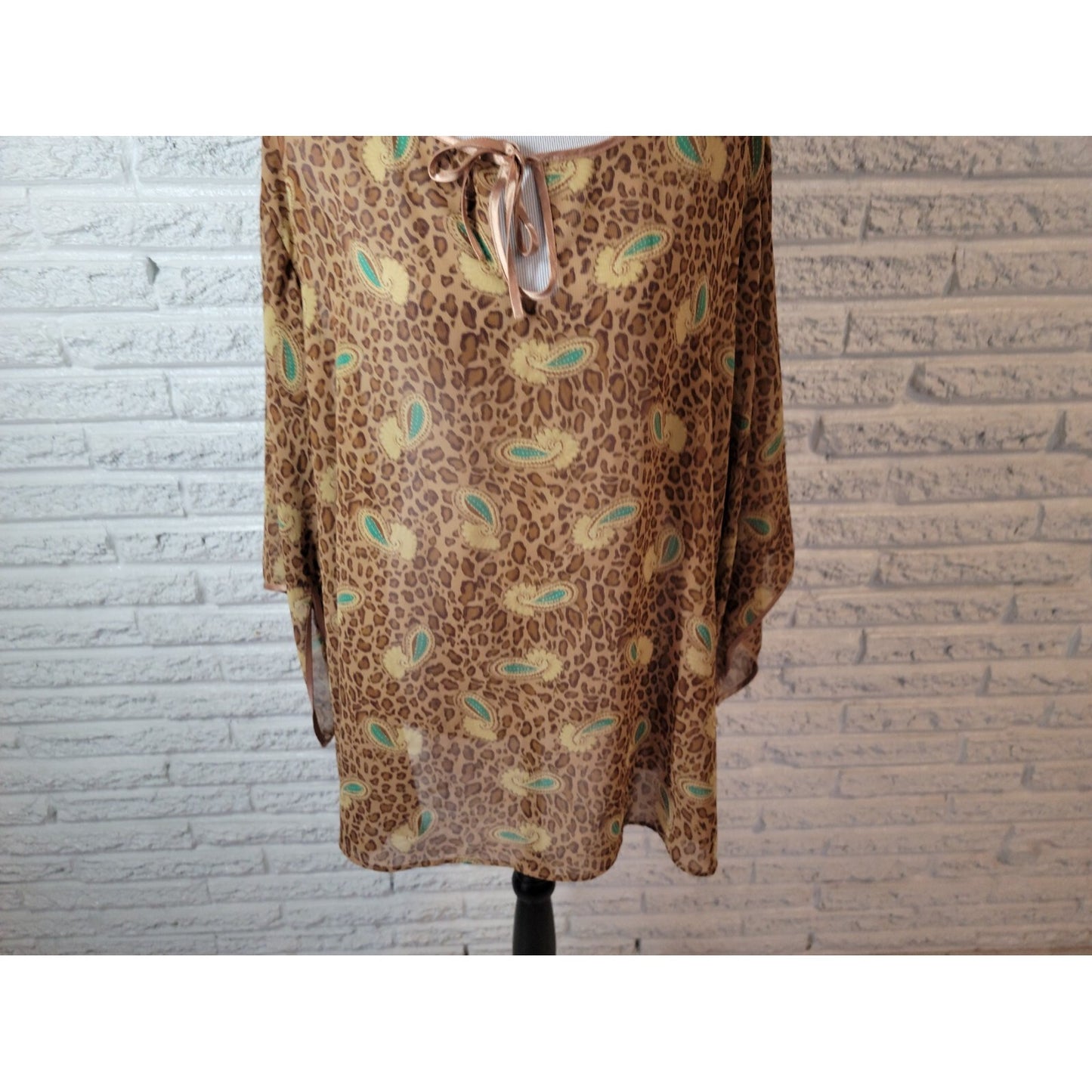 Cabernet Women Pajama Top 2X Plus Slit 3/4 Sleeve Tan Animal Print Sheer Sexy