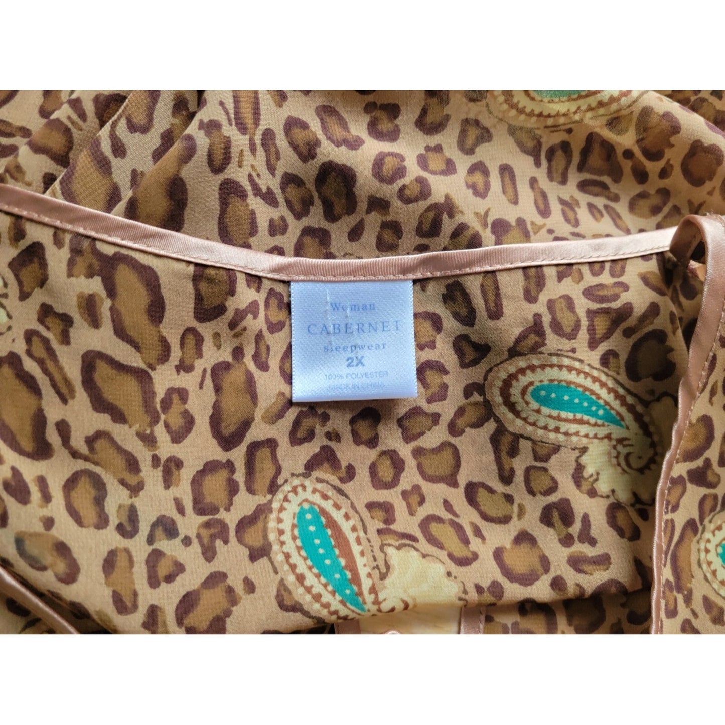 Cabernet Women Pajama Top 2X Plus Slit 3/4 Sleeve Tan Animal Print Sheer Sexy