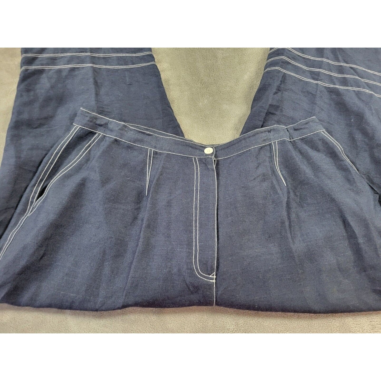 Ashley Stewart Womens Pants 18 Plus Capri Blue Linen Rayon Slash Pockets Zip Fly