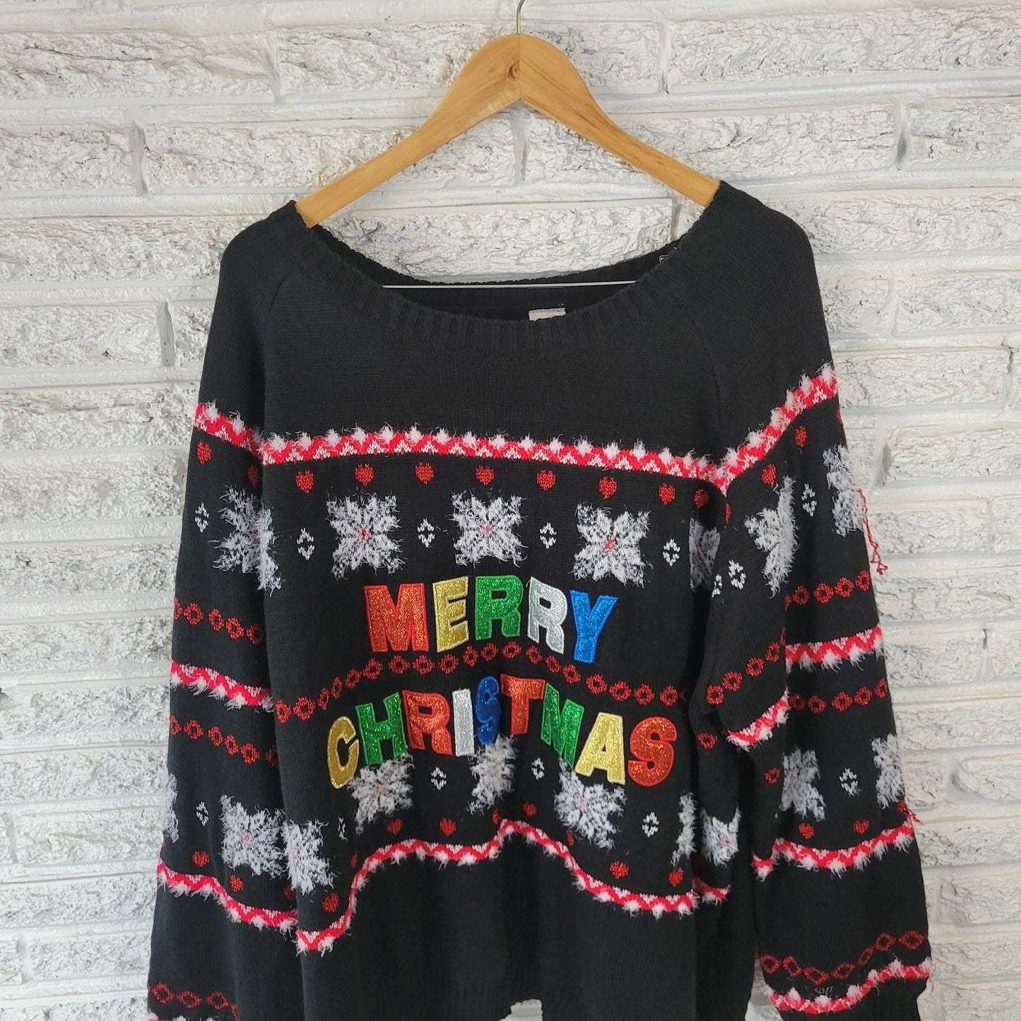 Merry Christmas Womens Sweater 3X 24W 26W Plus Long Sleeve Black Embroidered