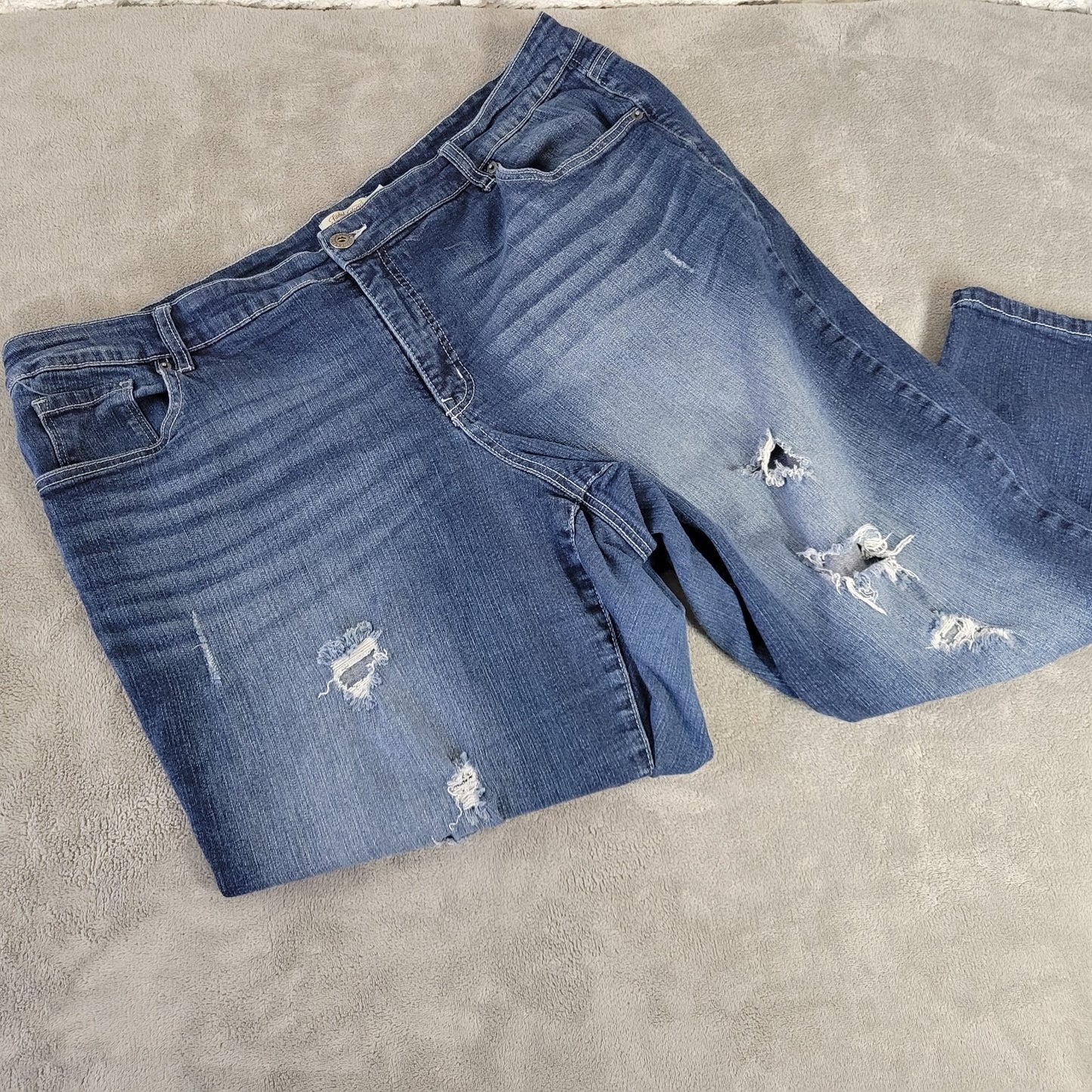 Faded Glory 24W Plus Distressed Dark Blue Straight Leg Denim Jeans Stretch