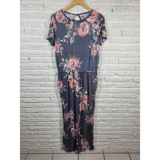 Tickled Teal Women Jumpsuit Extra Large Short Sleeve Gray Floral Back Keyhole