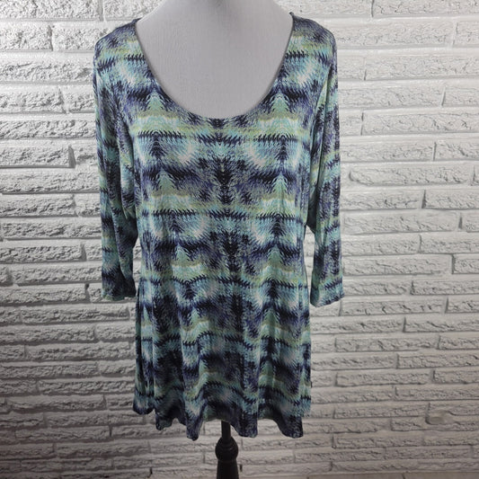 Rose Olive Women Top 1X Plus Tunic 3/4 Sleeve Blue Watercolor Lightweight Rayon