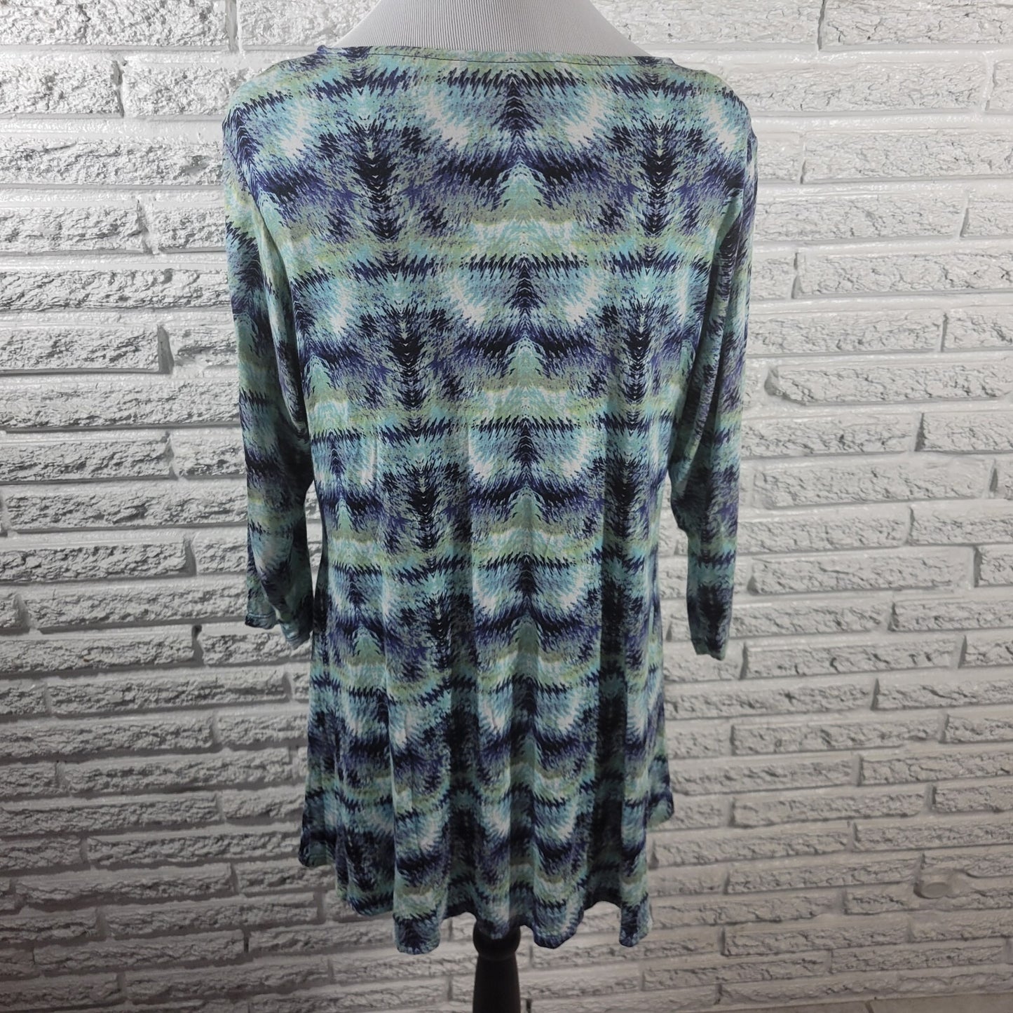 Rose Olive Women Top 1X Plus Tunic 3/4 Sleeve Blue Watercolor Lightweight Rayon
