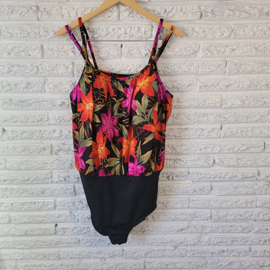 Inches Away Womens Swimsuit 24W Plus One Piece Pink Orange Floral Spaghetti Bra