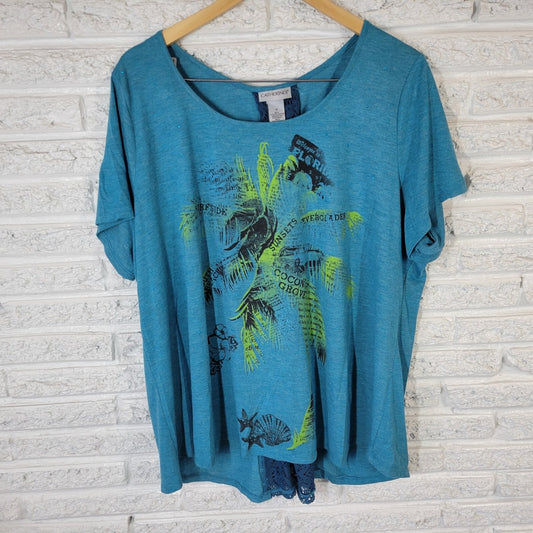 Catherines Womens Top 1X Plus Tee Blue Tropical Poly Blend Split Crochet Back