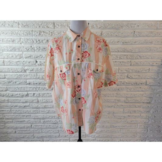 SK Wear Womens Shirt 2X Plus Short Sleeve Button Up Pink Floral Cotton Casual