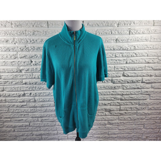 Liz & Me Womens Sweater 0X 14W 16W Plus Full Zip Blue Turtleneck Casual Pockets