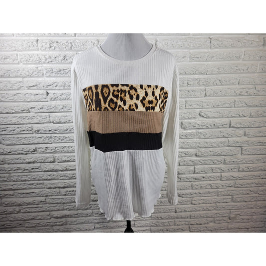 Emery Rose Womens Top 1XL Plus Long Sleeve Knit Brown Animal Print Lightweight