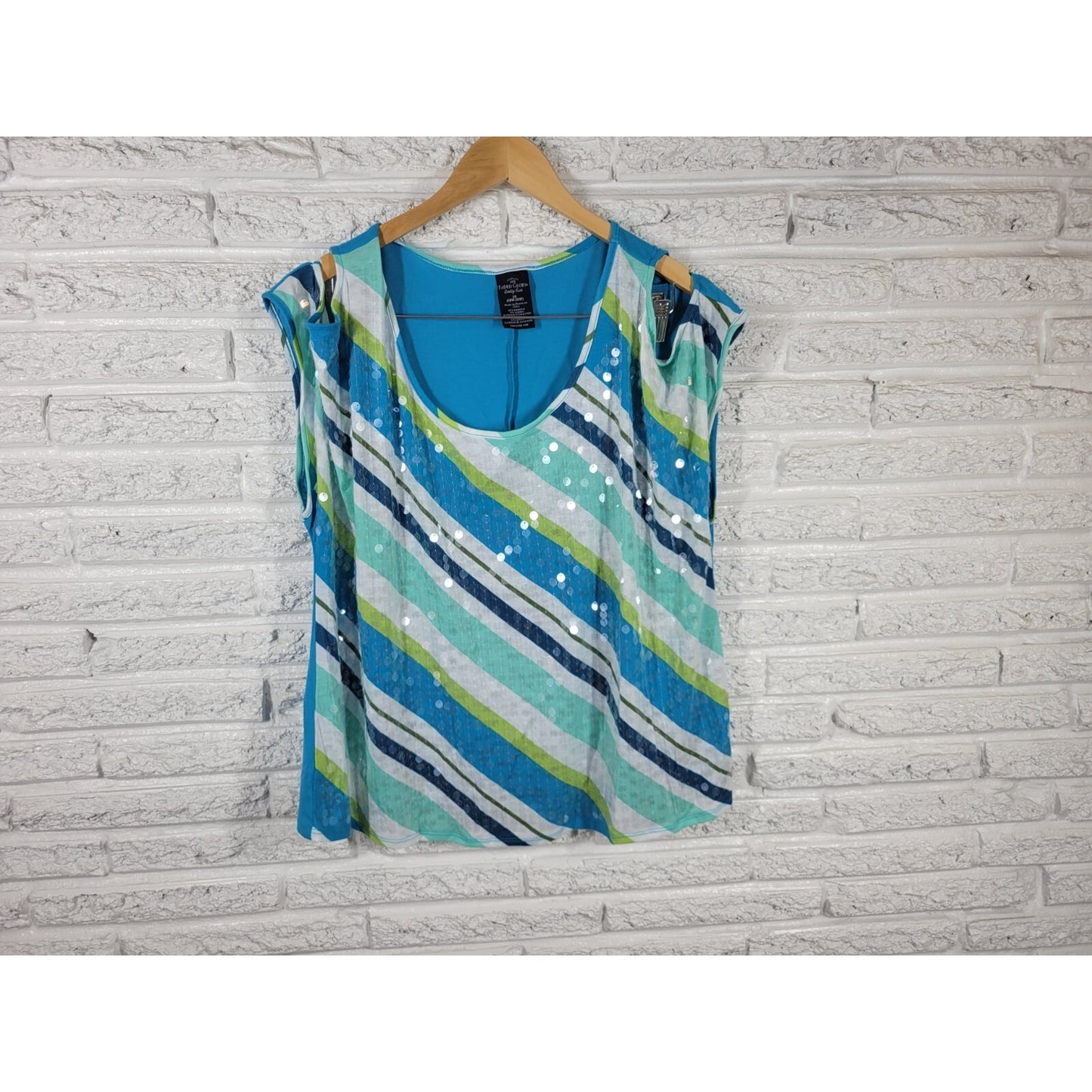 Faded Glory Womens Top 2X Plus Tee Cold Shoulder Poly Blend Blue Stripe Sequins