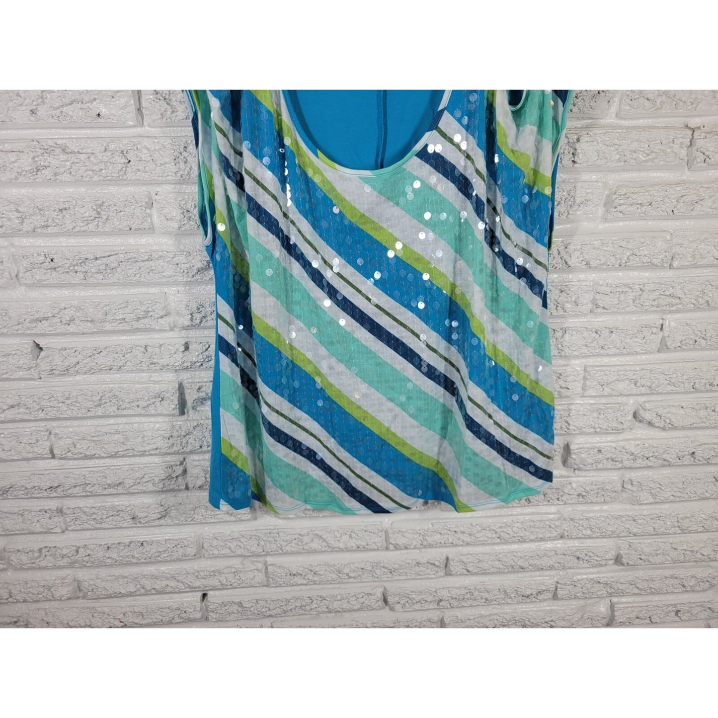 Faded Glory Womens Top 2X Plus Tee Cold Shoulder Poly Blend Blue Stripe Sequins