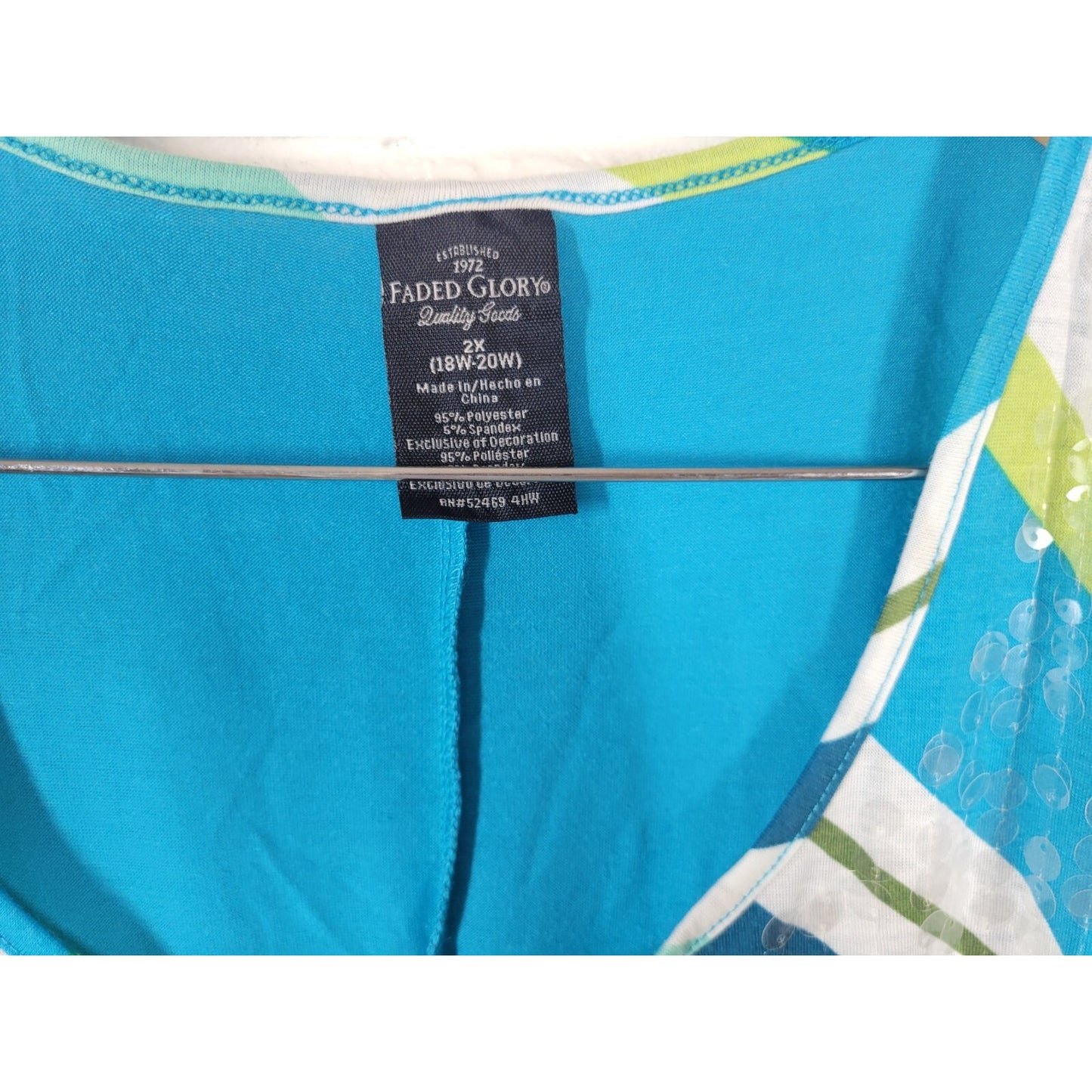 Faded Glory Womens Top 2X Plus Tee Cold Shoulder Poly Blend Blue Stripe Sequins