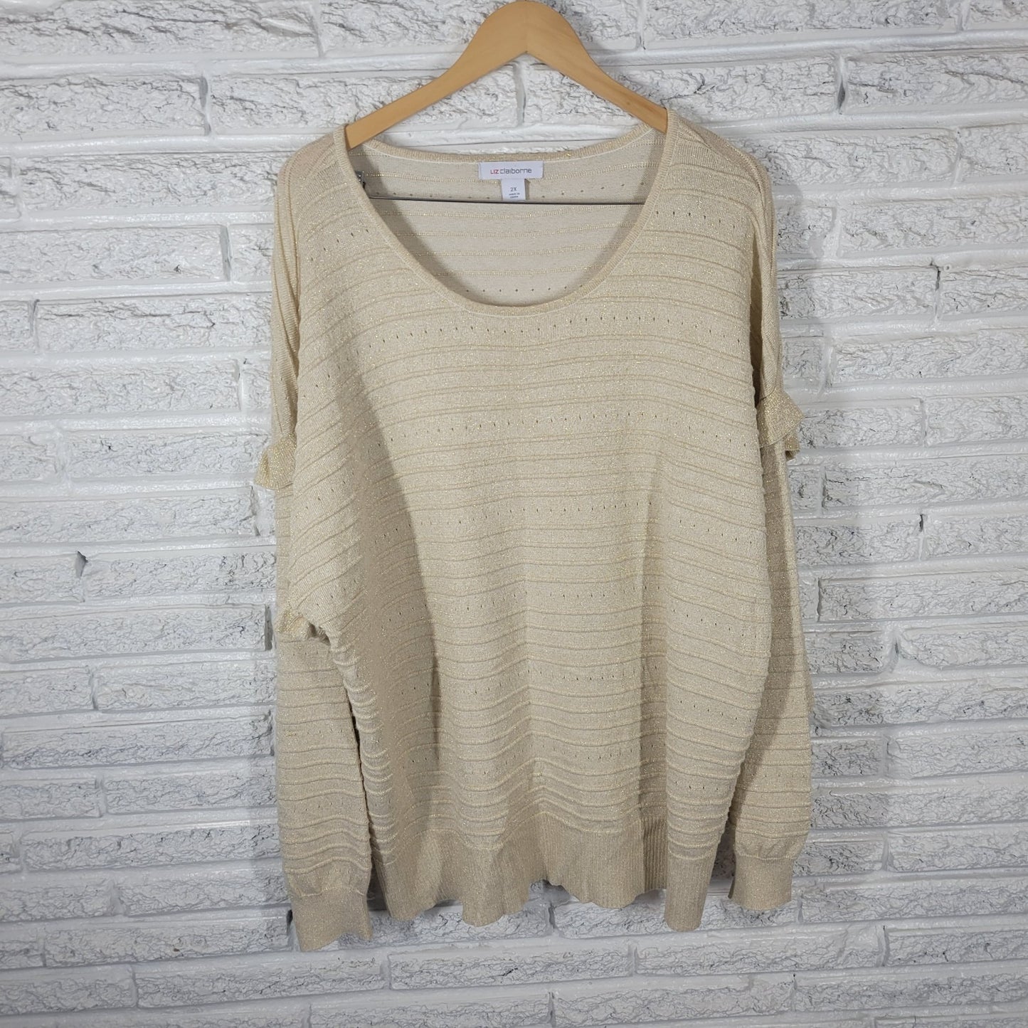 Liz Claiborne Womens Sweater 2X Plus Ruffle Sleeve Gold Metallic Pleated Party