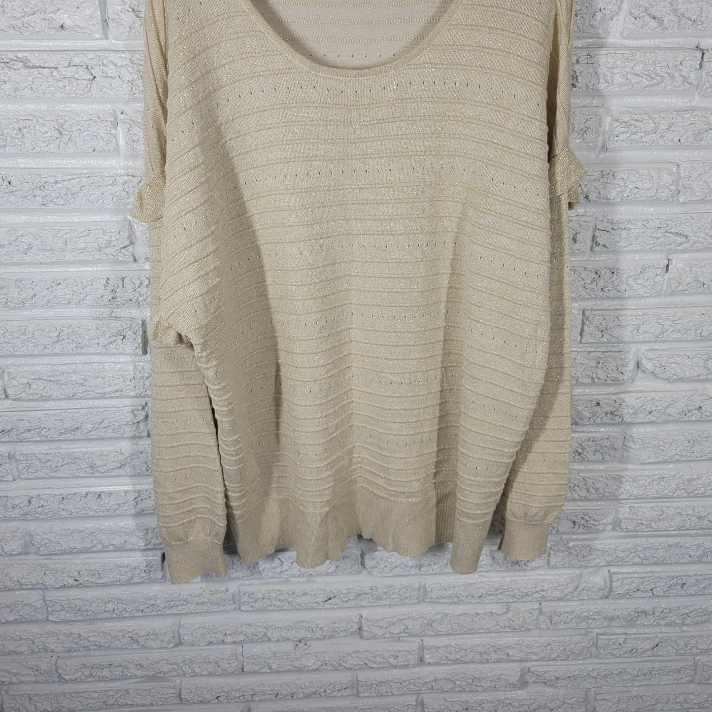 Liz Claiborne Womens Sweater 2X Plus Ruffle Sleeve Gold Metallic Pleated Party
