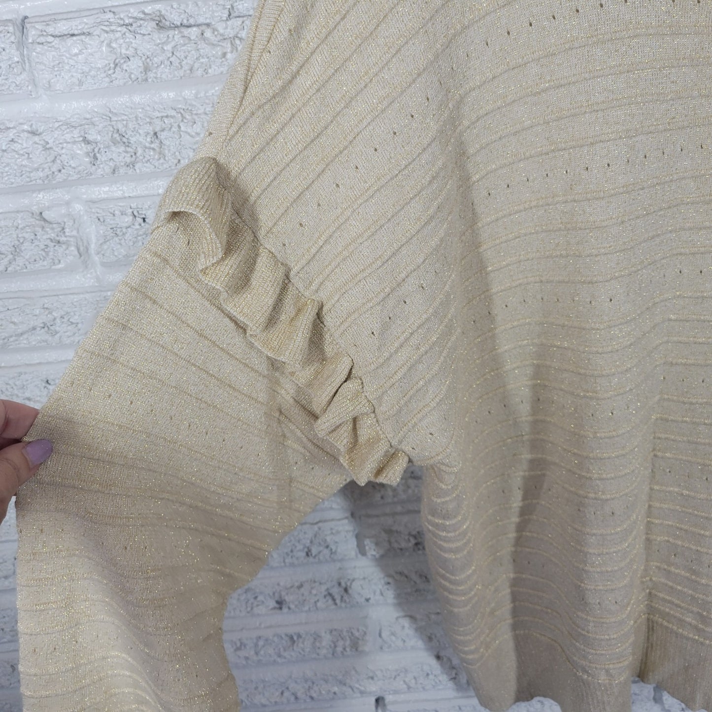 Liz Claiborne Womens Sweater 2X Plus Ruffle Sleeve Gold Metallic Pleated Party