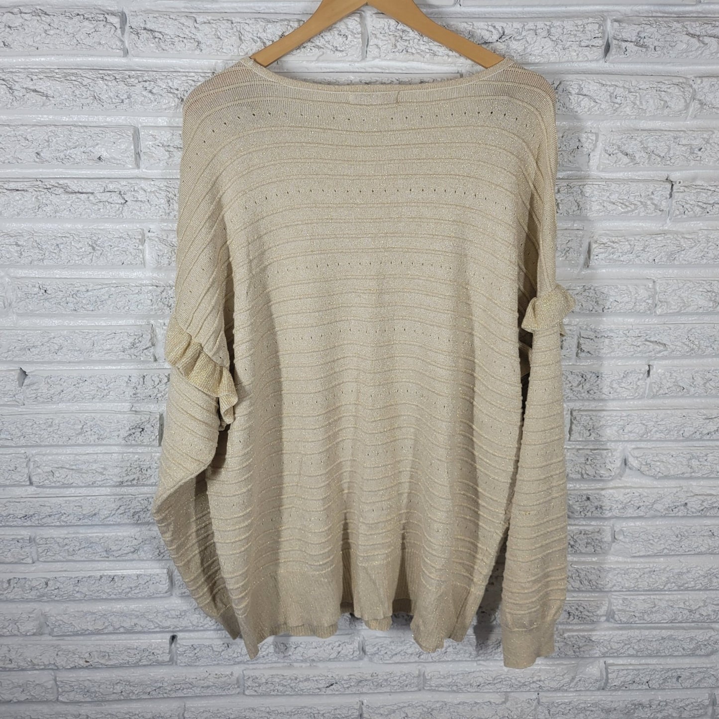 Liz Claiborne Womens Sweater 2X Plus Ruffle Sleeve Gold Metallic Pleated Party