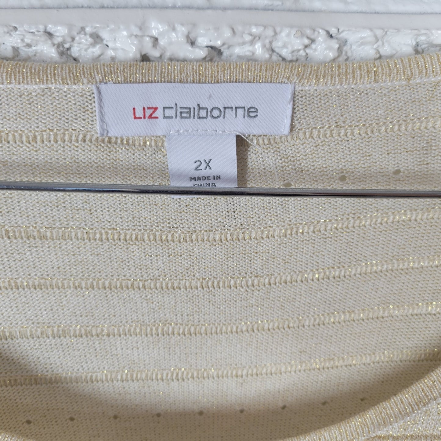 Liz Claiborne Womens Sweater 2X Plus Ruffle Sleeve Gold Metallic Pleated Party