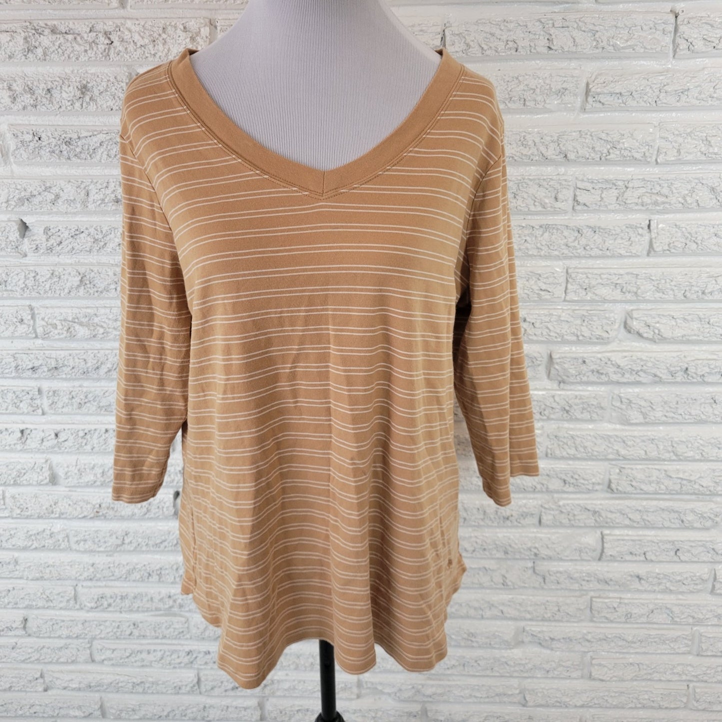 Isaac Mizrahi Live Womens Top 1X Tee 3/4 Sleeve Tan Stripe Cotton Casual Comfy