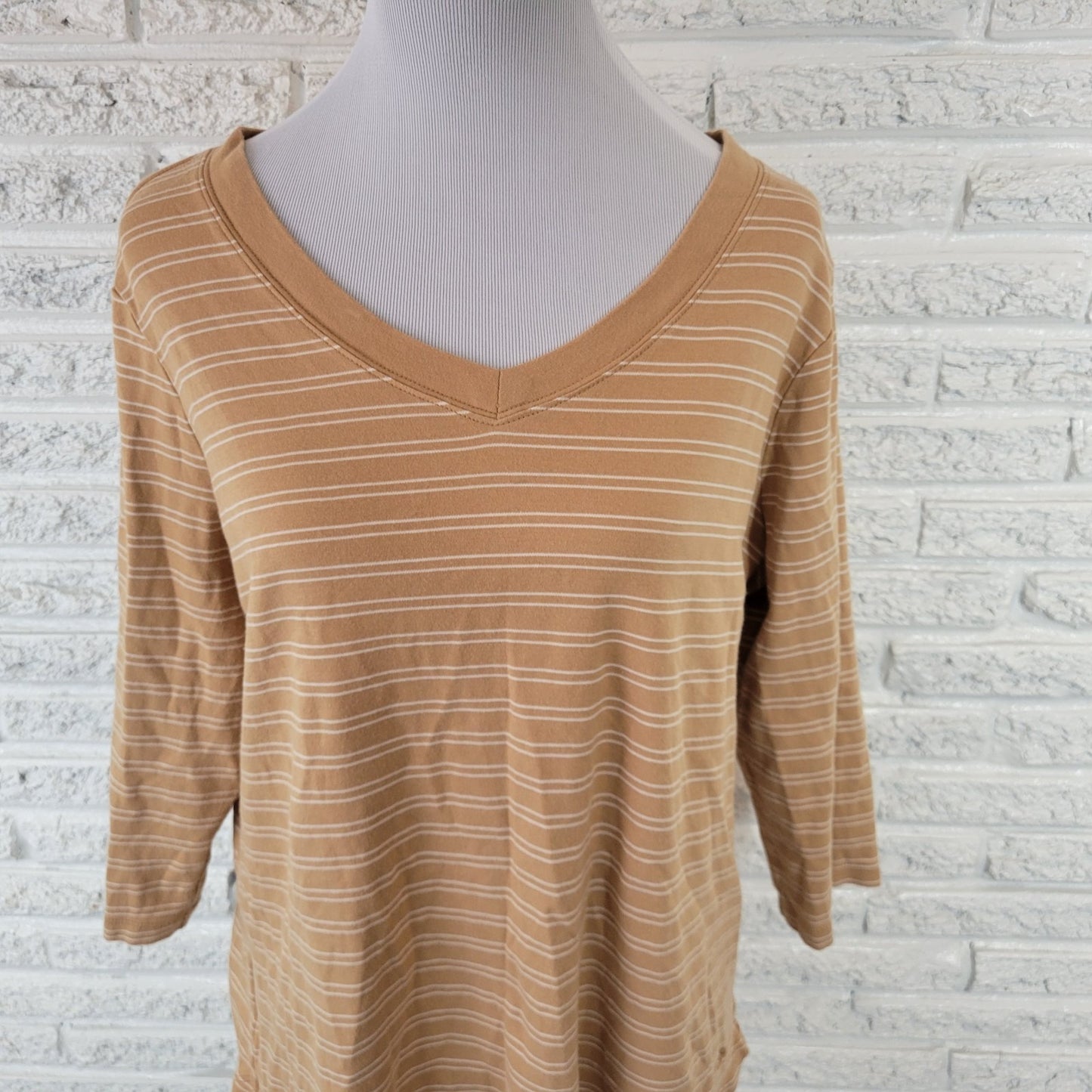 Isaac Mizrahi Live Womens Top 1X Tee 3/4 Sleeve Tan Stripe Cotton Casual Comfy