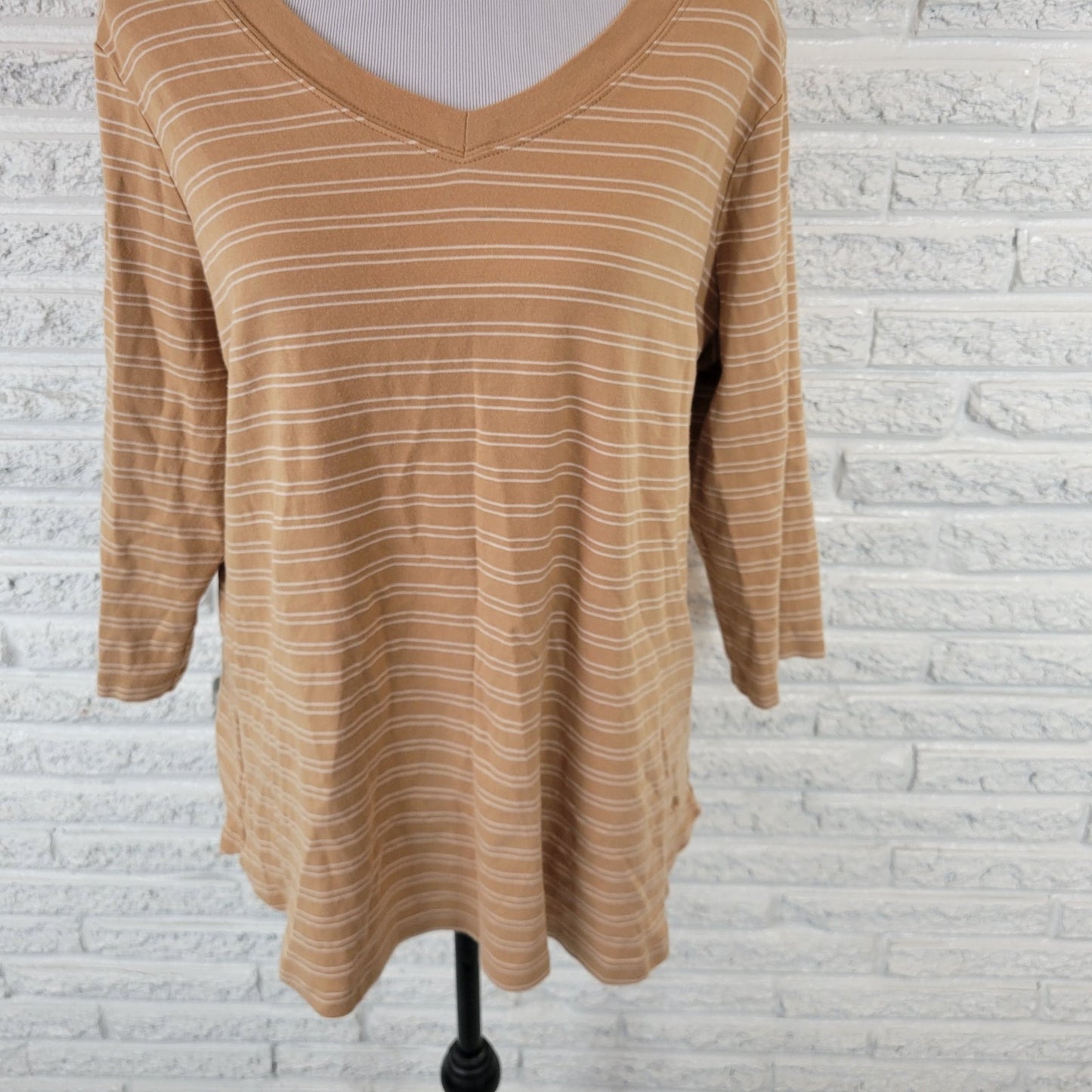 Isaac Mizrahi Live Womens Top 1X Tee 3/4 Sleeve Tan Stripe Cotton Casual Comfy