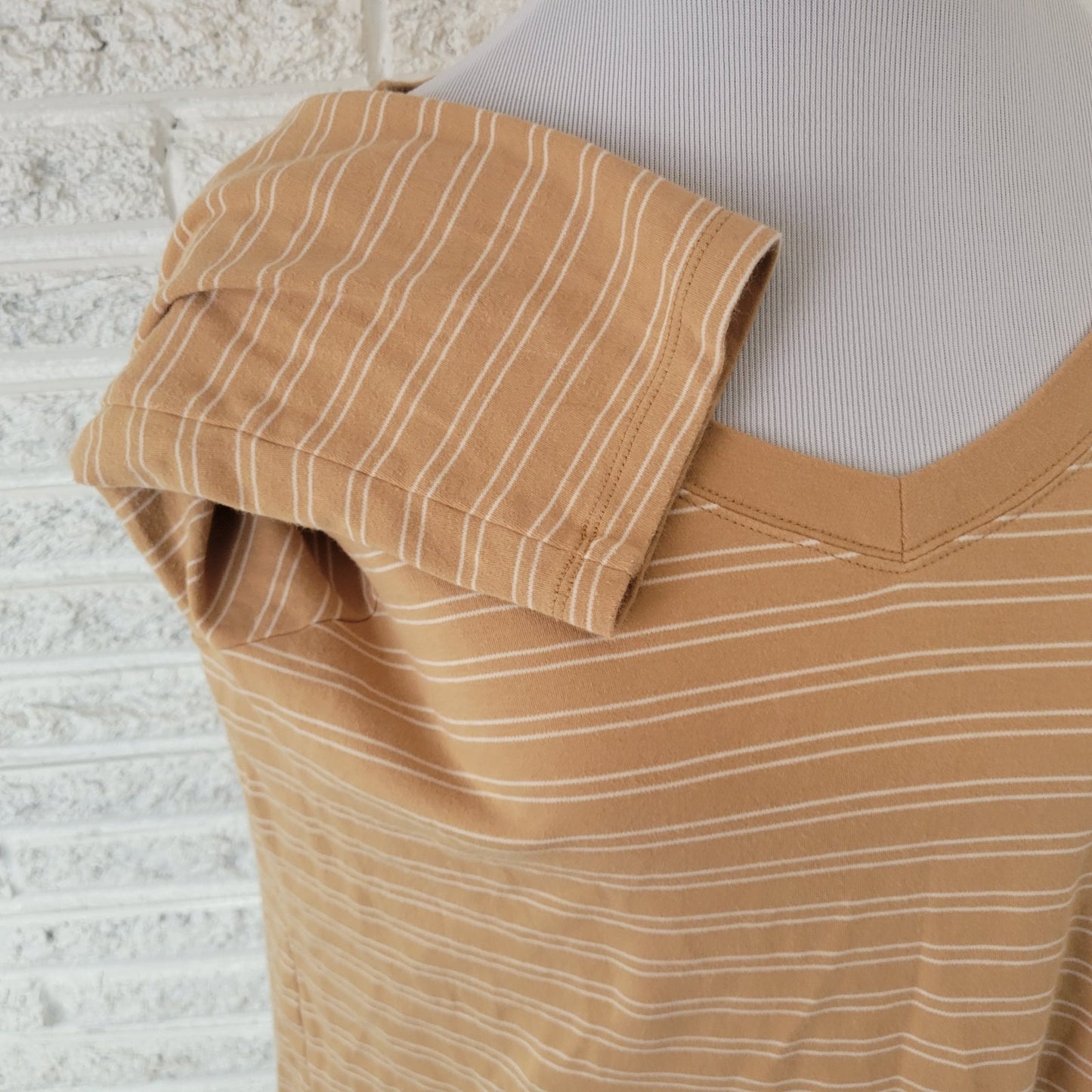 Isaac Mizrahi Live Womens Top 1X Tee 3/4 Sleeve Tan Stripe Cotton Casual Comfy