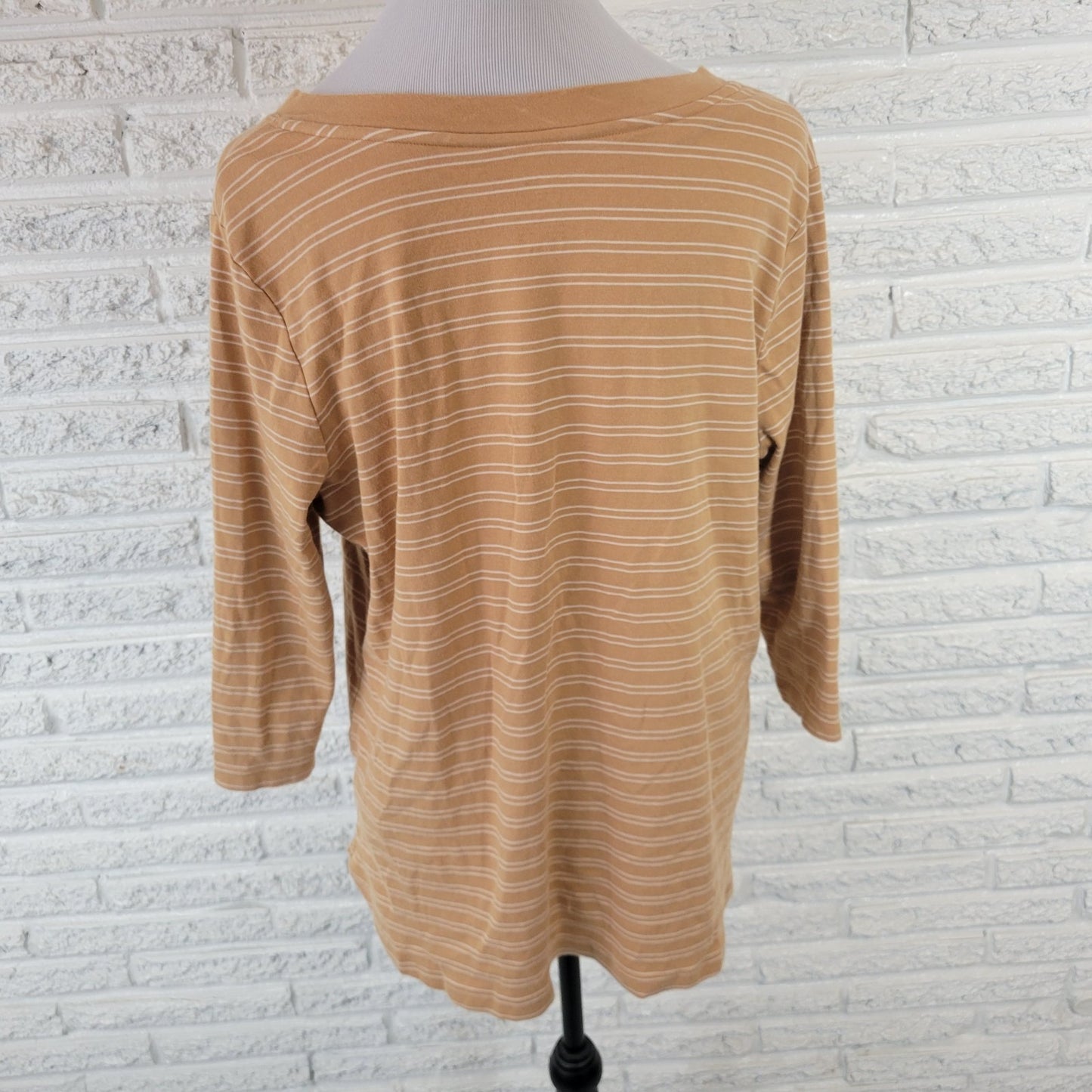 Isaac Mizrahi Live Womens Top 1X Tee 3/4 Sleeve Tan Stripe Cotton Casual Comfy