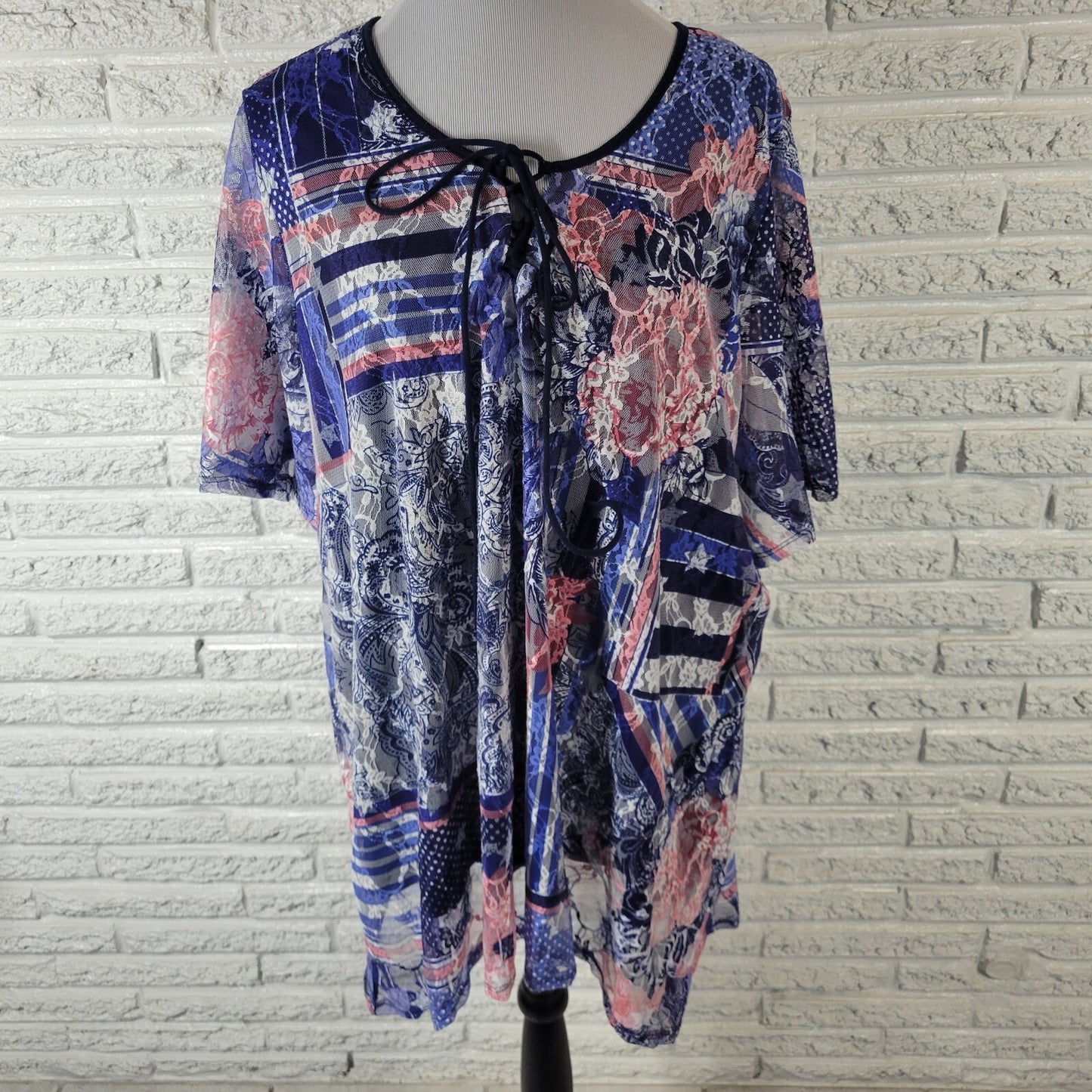 Catherines Womens Top 2X Plus Tunic Mesh Blue Pink Floral Lined Poly Blend Comfy