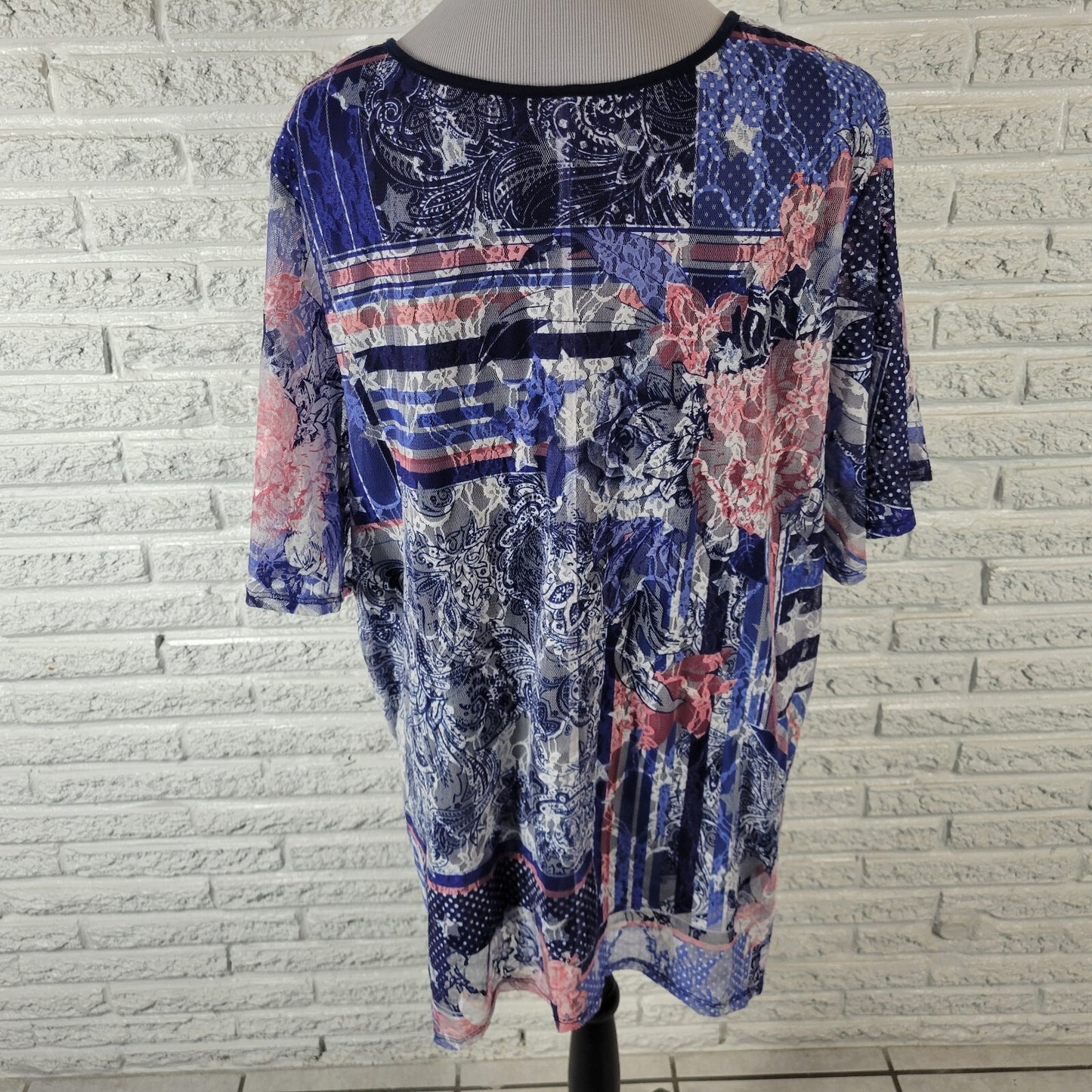 Catherines Womens Top 2X Plus Tunic Mesh Blue Pink Floral Lined Poly Blend Comfy