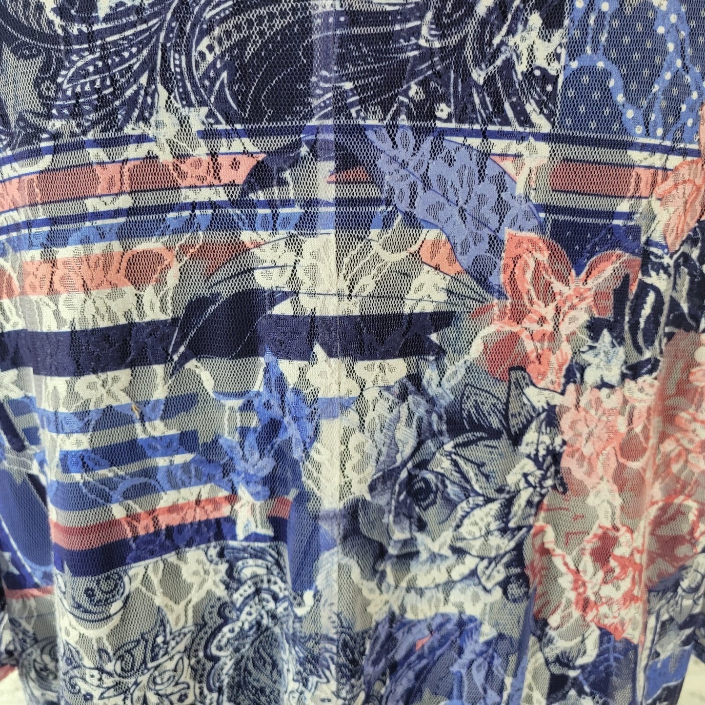 Catherines Womens Top 2X Plus Tunic Mesh Blue Pink Floral Lined Poly Blend Comfy