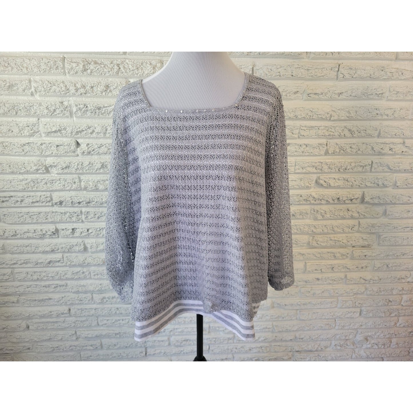 Alfred Dunner Womens Top 3X Plus Long Sleeve Gray Stripe Poly Crochet Career