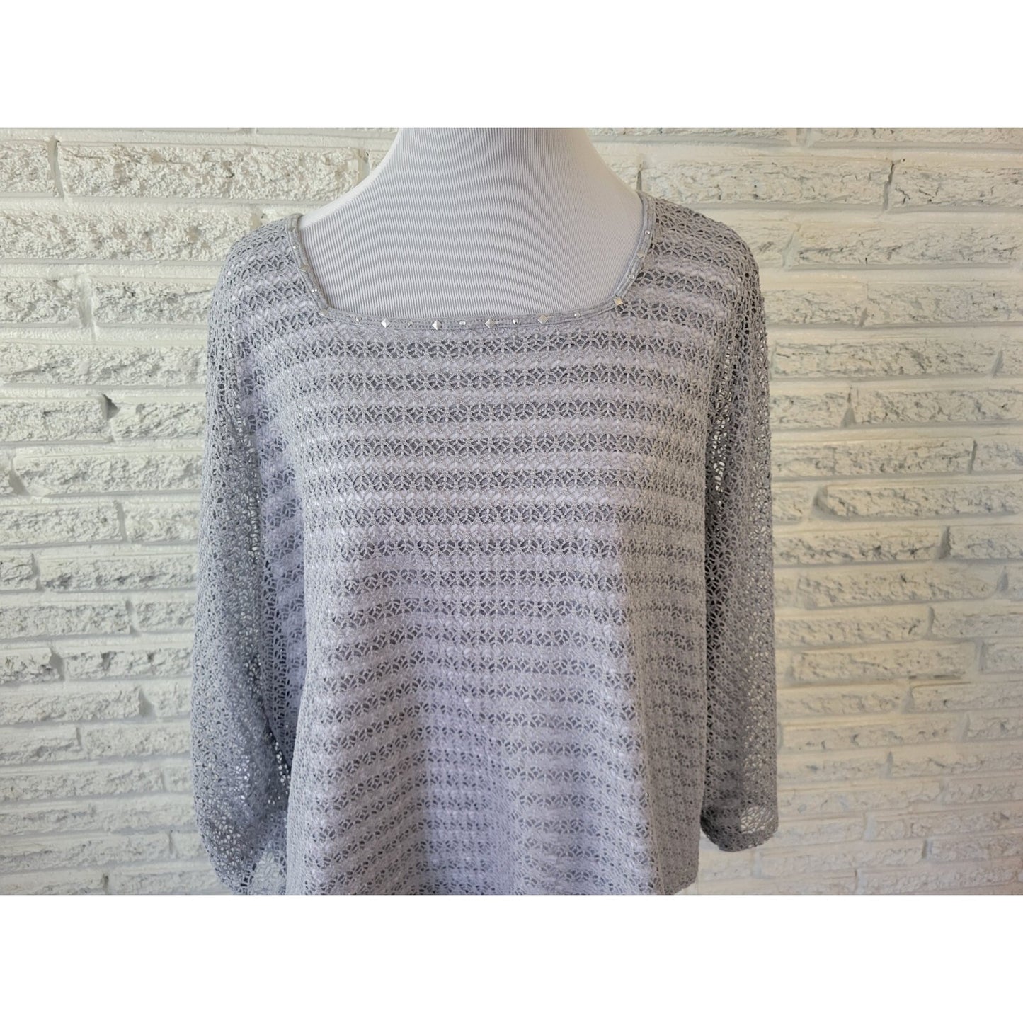 Alfred Dunner Womens Top 3X Plus Long Sleeve Gray Stripe Poly Crochet Career