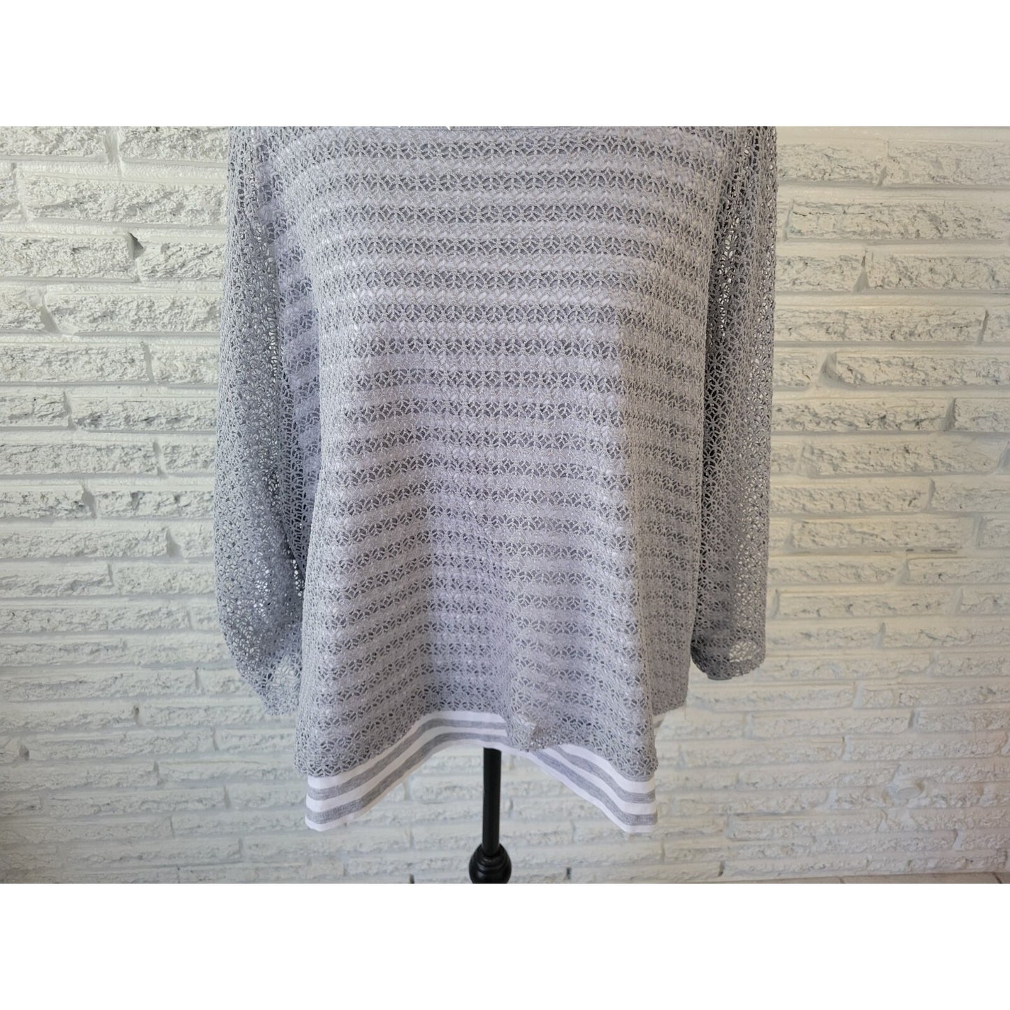 Alfred Dunner Womens Top 3X Plus Long Sleeve Gray Stripe Poly Crochet Career