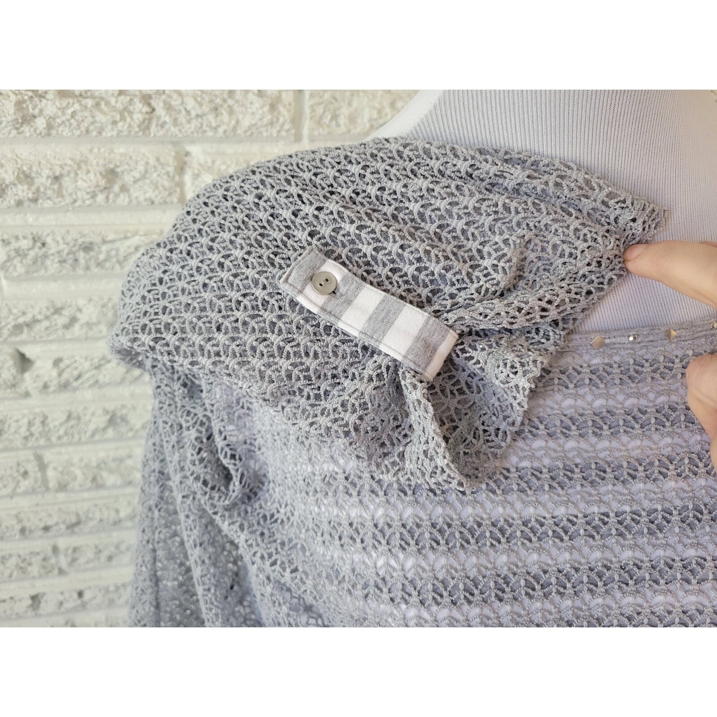 Alfred Dunner Womens Top 3X Plus Long Sleeve Gray Stripe Poly Crochet Career