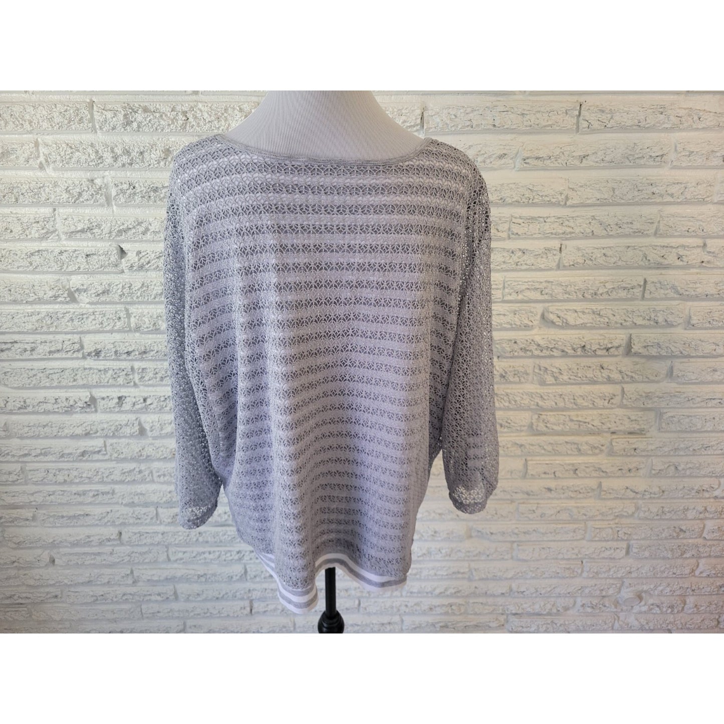 Alfred Dunner Womens Top 3X Plus Long Sleeve Gray Stripe Poly Crochet Career