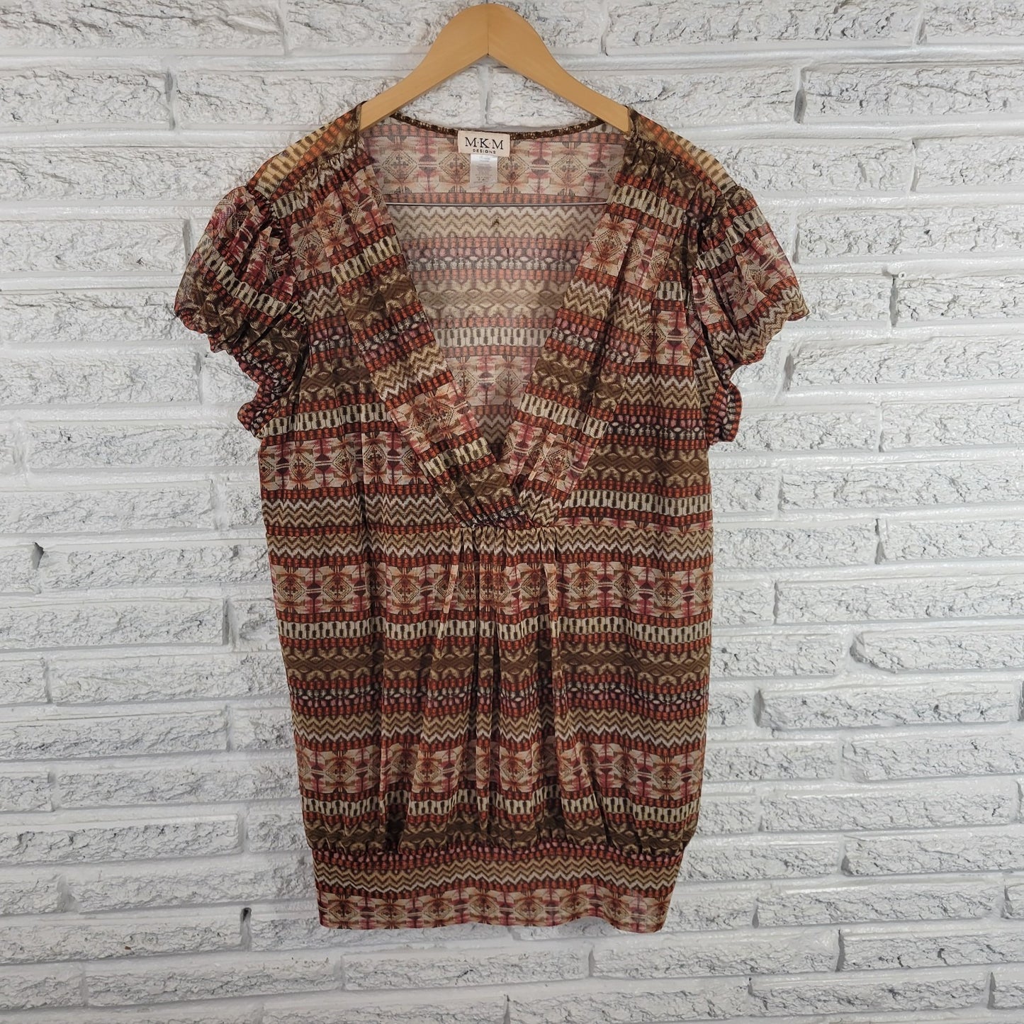 MK Designs Women 3X Plus Tunic Blouse Brown Orange Geometric V-Neck Puff Sleeve
