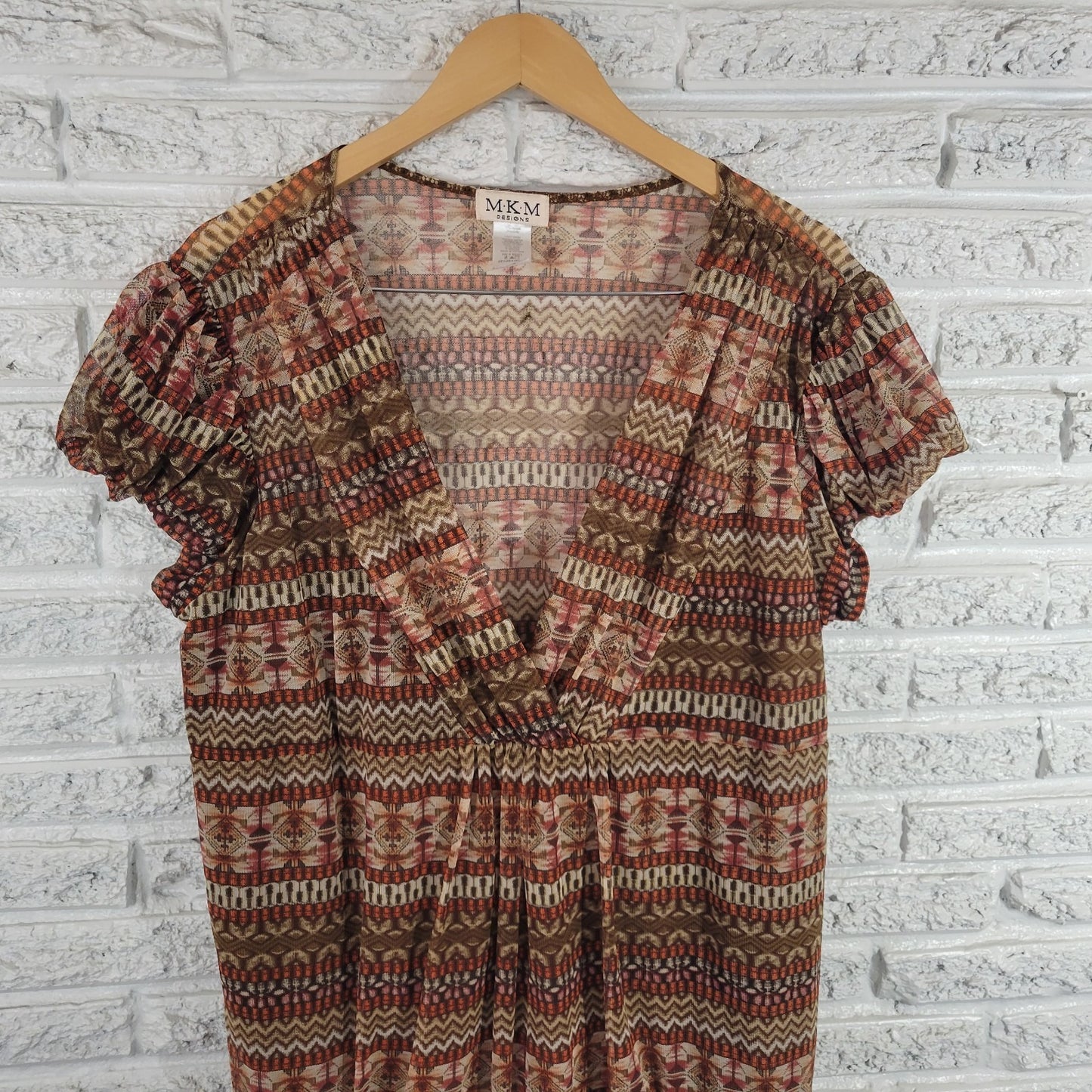 MK Designs Women 3X Plus Tunic Blouse Brown Orange Geometric V-Neck Puff Sleeve