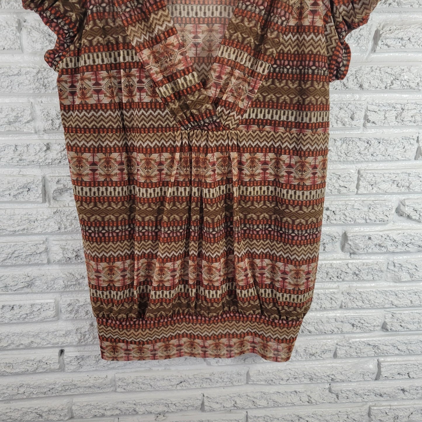 MK Designs Women 3X Plus Tunic Blouse Brown Orange Geometric V-Neck Puff Sleeve