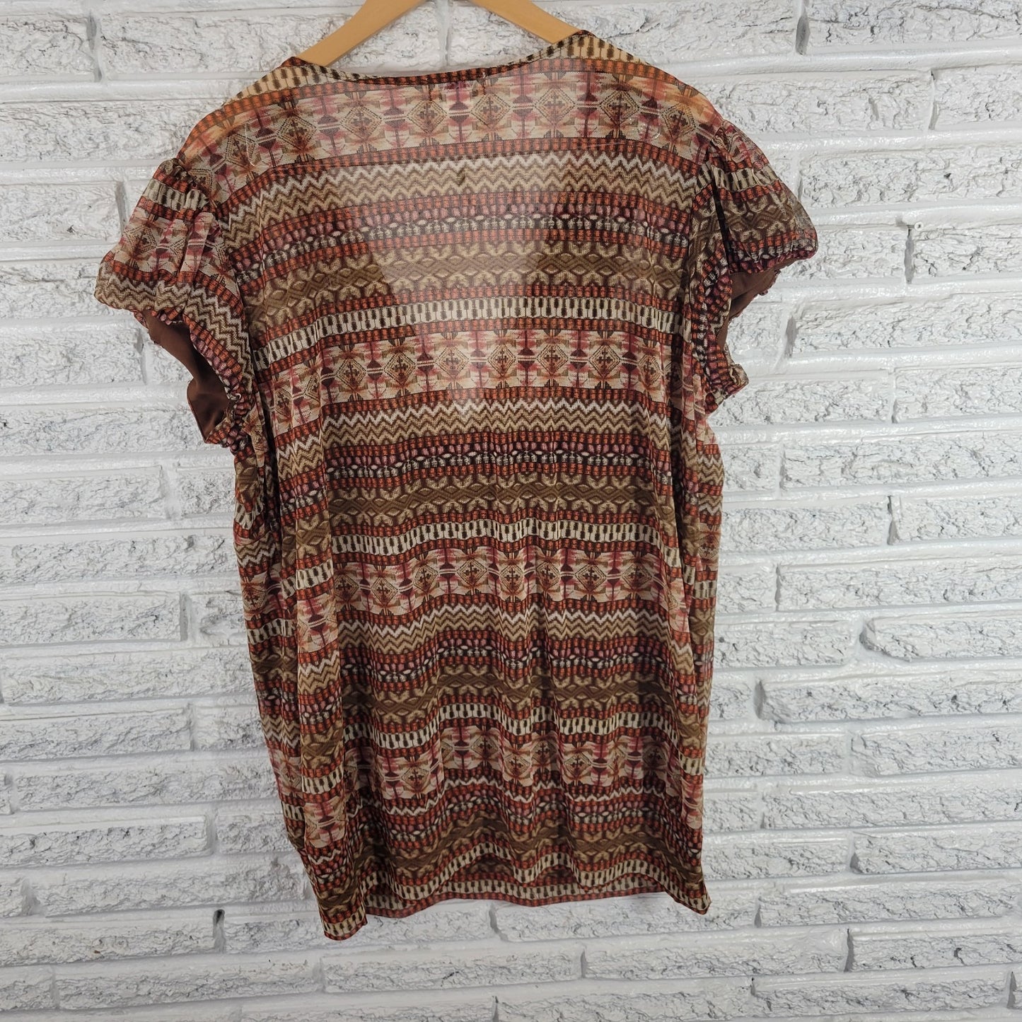 MK Designs Women 3X Plus Tunic Blouse Brown Orange Geometric V-Neck Puff Sleeve