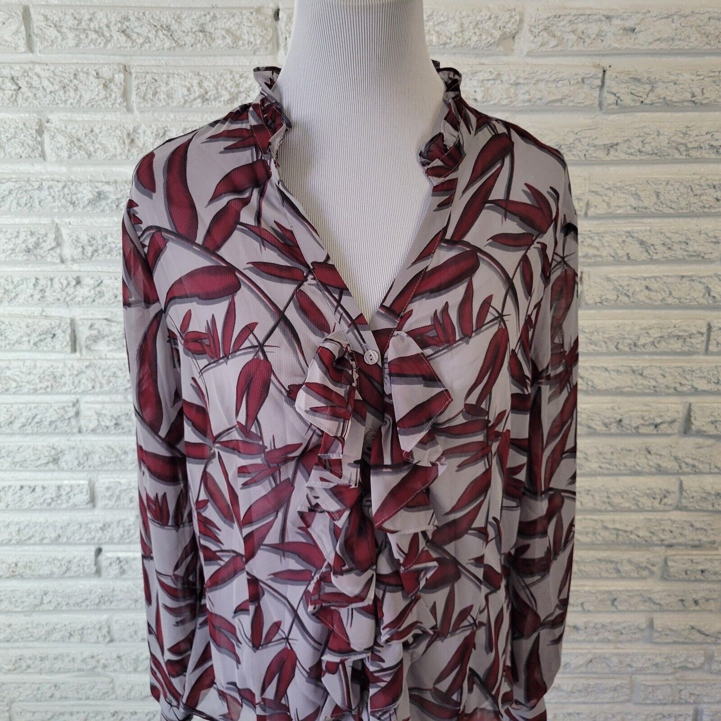 Worthington Womens Top Extra Large XL Burgundy Gray Floral Button Ruffle Sheer