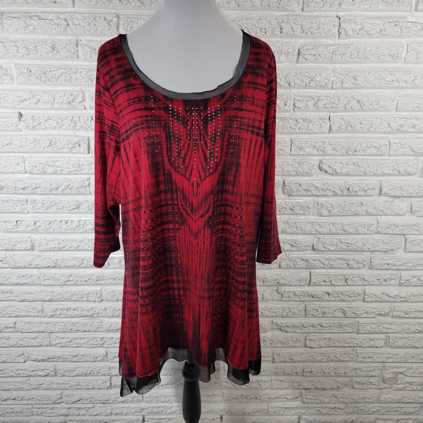 Live Let Live Womens Top XXL Plus Tunic Red Black Plaid Asymmetric Studded Mesh