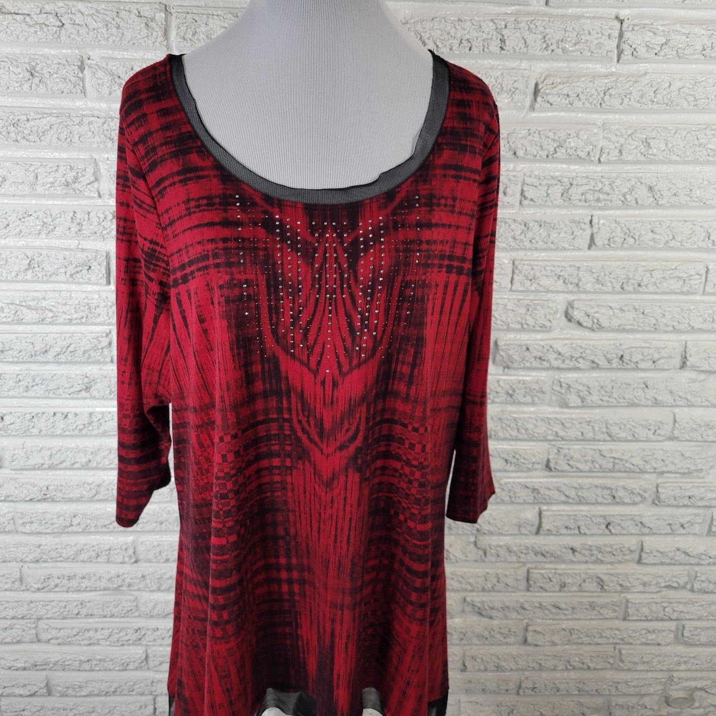 Live Let Live Womens Top XXL Plus Tunic Red Black Plaid Asymmetric Studded Mesh