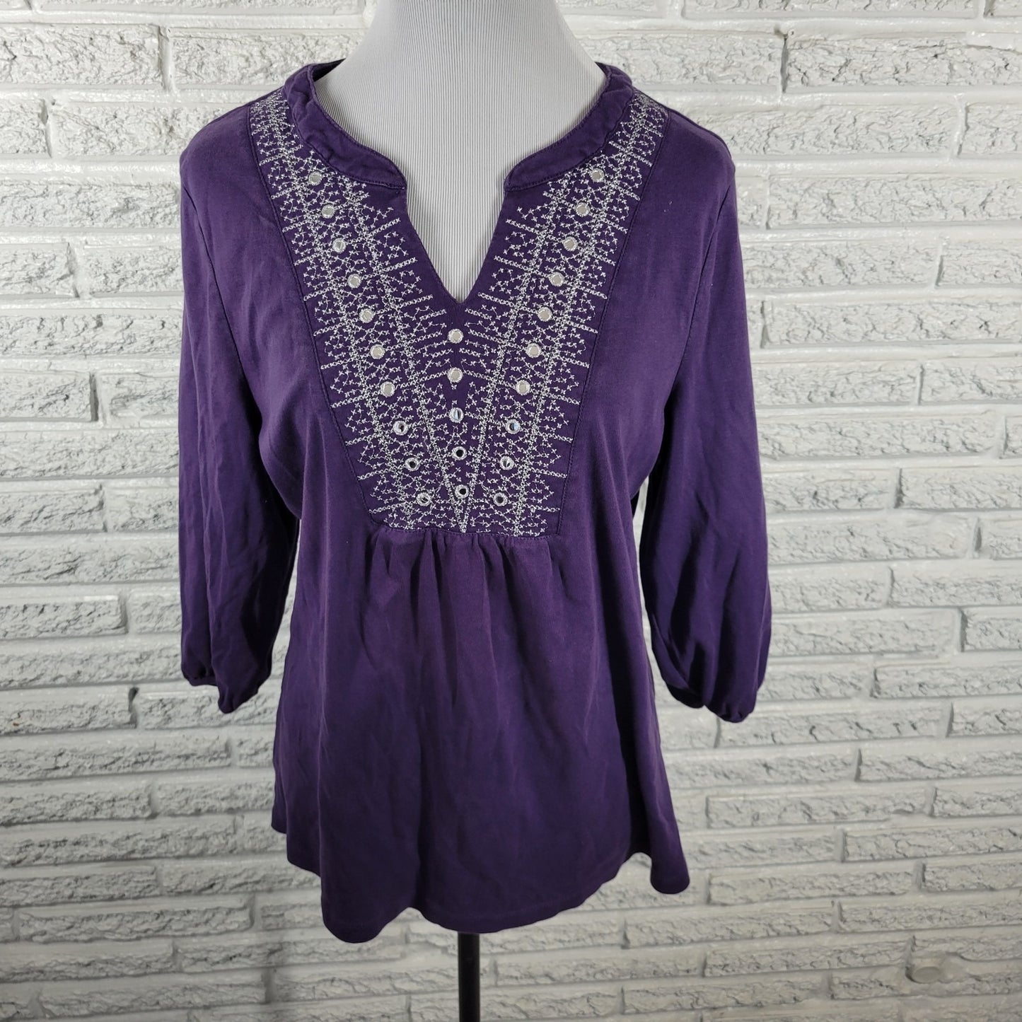 Karen Scott Womens Top Extra Large 3/4 Sleeve Purple Cotton Embroidered Casual