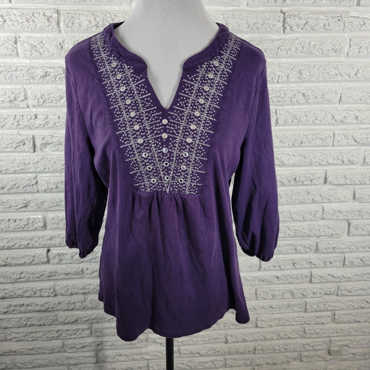 Karen Scott Womens Top Extra Large 3/4 Sleeve Purple Cotton Embroidered Casual