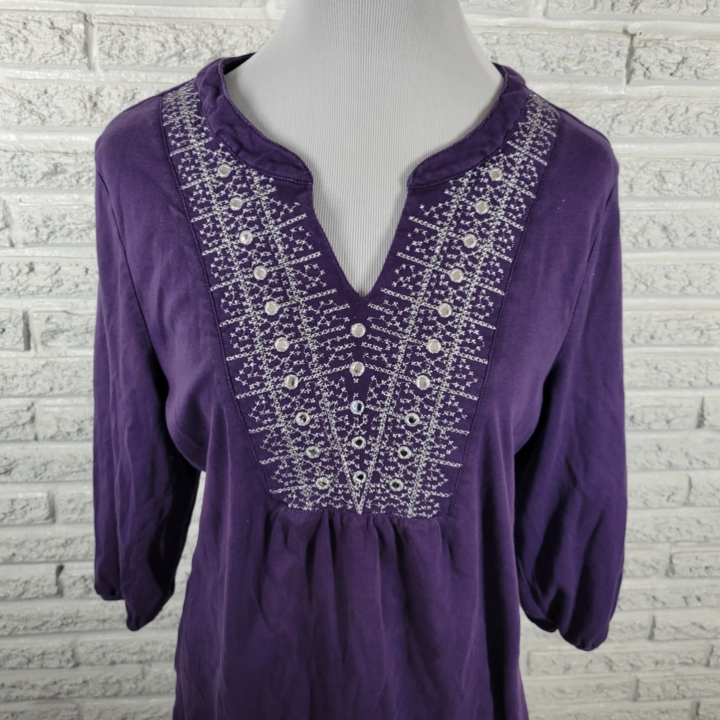 Karen Scott Womens Top Extra Large 3/4 Sleeve Purple Cotton Embroidered Casual