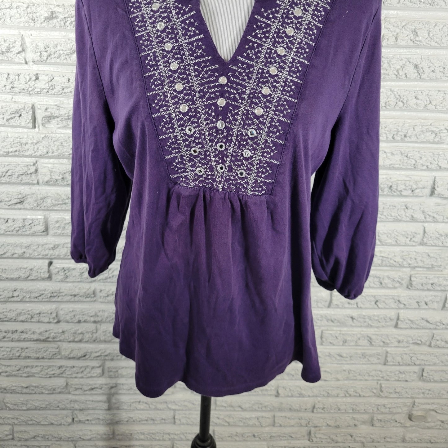Karen Scott Womens Top Extra Large 3/4 Sleeve Purple Cotton Embroidered Casual
