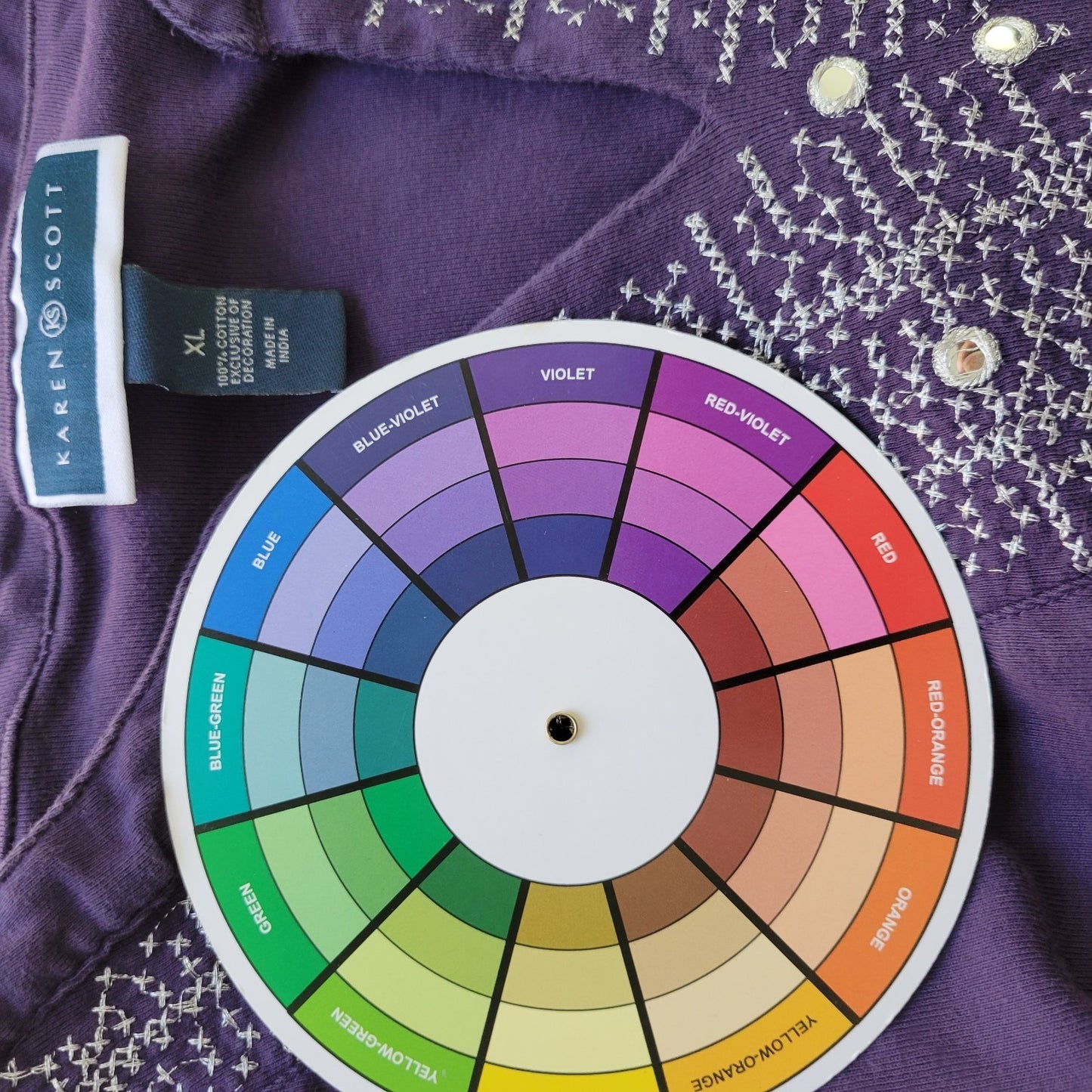 Karen Scott Womens Top Extra Large 3/4 Sleeve Purple Cotton Embroidered Casual