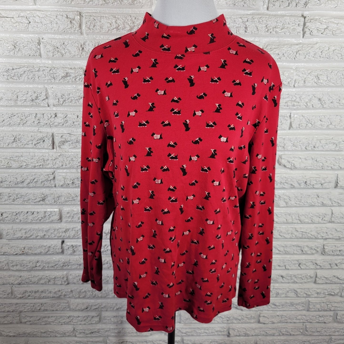 Karen Scott Women's 2X Plus Red Terrier Dog Print Long Sleeve Cotton Blend Top